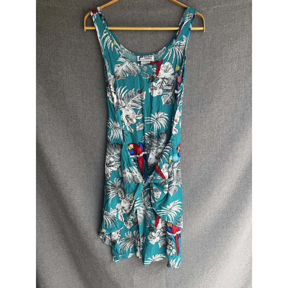 Vintage Malihini Hawaii Dress Medium Teal Parrot Wrap Mini Dress